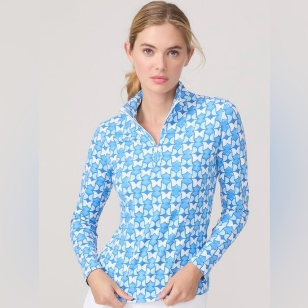 J. McLaughlin Blue and White Geometric Quarter zip pullover